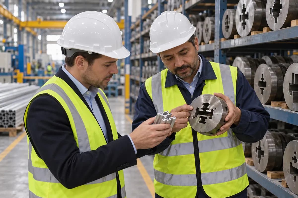 A partner engineer showing a visiting client an extrusion die from the die library