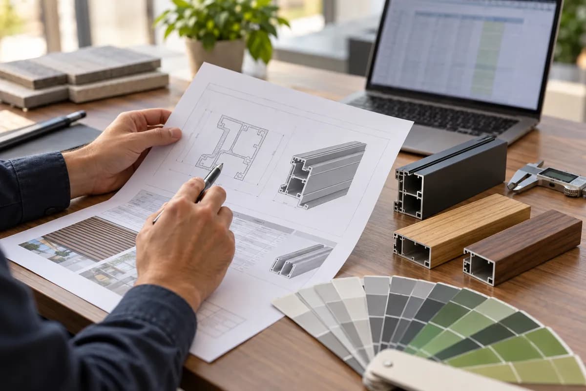 A profile drawing being reviewed beside powder coated and woodgrain samples and a RAL colour fan