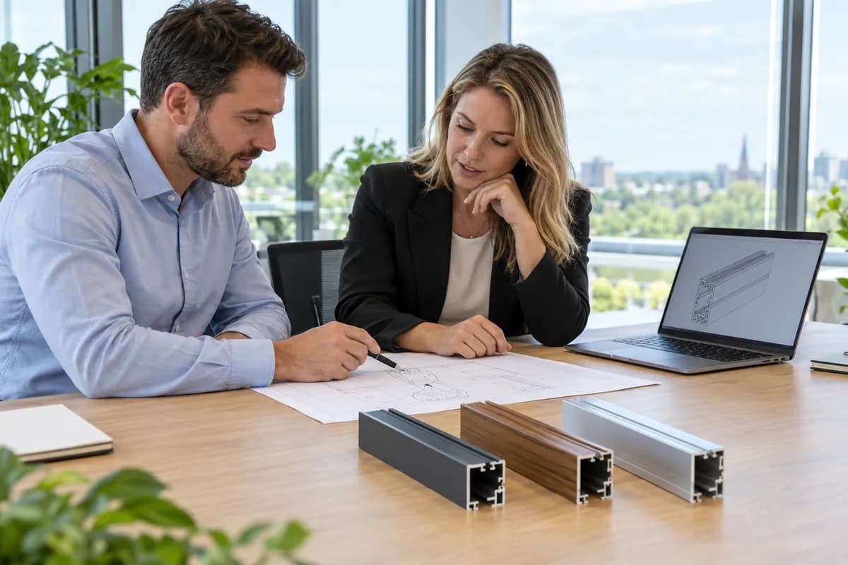 A sourcing manager and a client reviewing a profile drawing, with anthracite, woodgrain and mill finish samples on the table