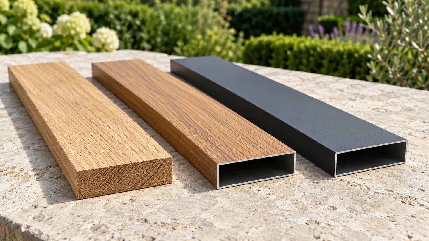 A solid oak board beside a woodgrain aluminium profile and an anthracite aluminium profile on a stone wall