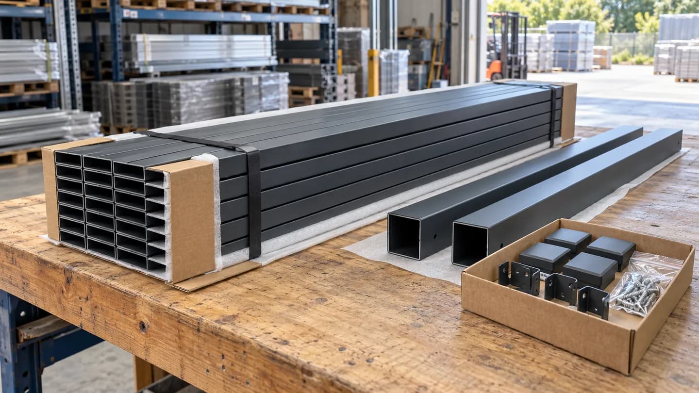 Bundled anthracite aluminium fence slats beside two posts and a box of post caps, brackets and screws