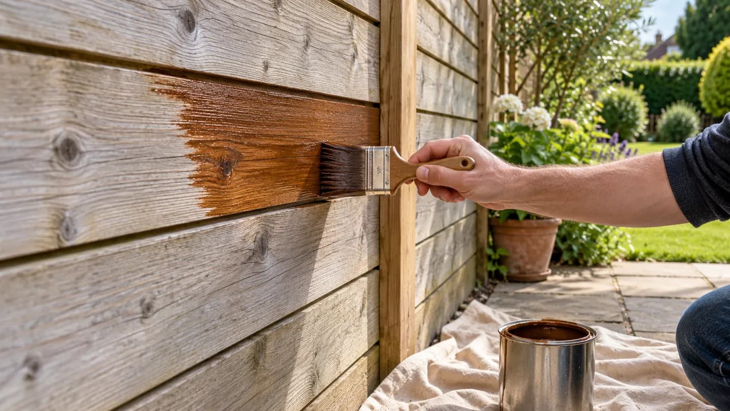A hand brushing brown stain onto a weathered timber fence panel in a sunny garden