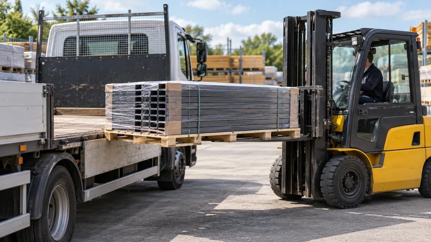 A forklift lowering a wrapped pallet of anthracite aluminium fencing profiles from a flatbed lorry at a builders' yard
