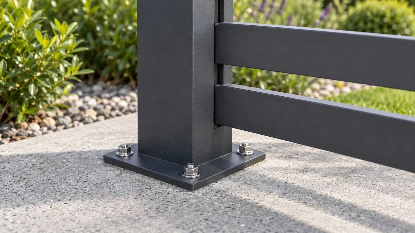 An anthracite aluminium fence post bolted to a concrete slab with a square base plate and stainless steel anchor bolts