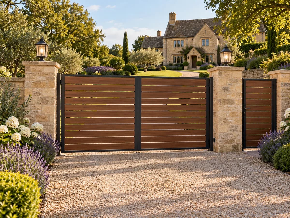 Walnut woodgrain aluminium gates between stone pillars at the entrance of a country house
