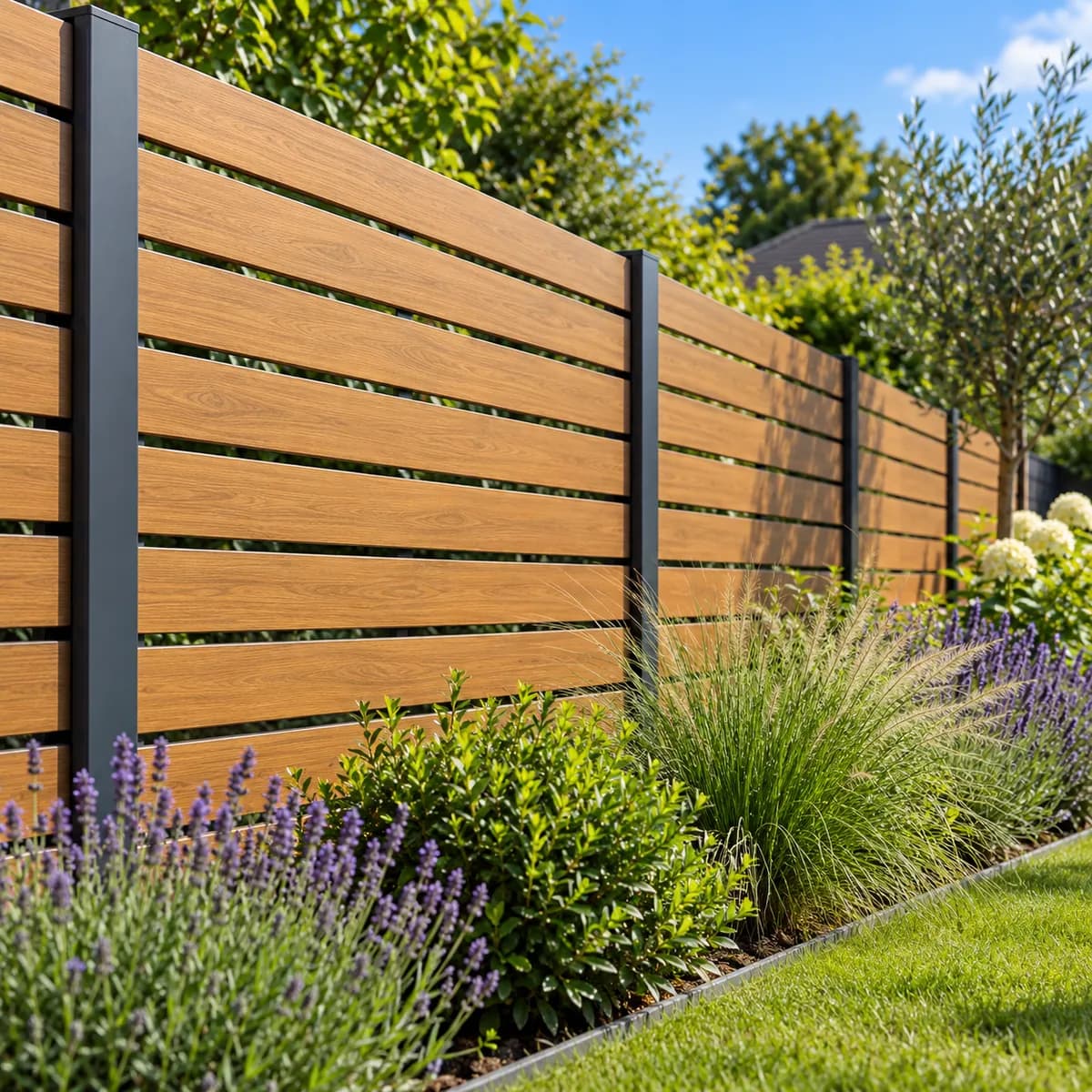 Horizontal aluminium fence slats in a golden oak woodgrain finish behind a lavender border