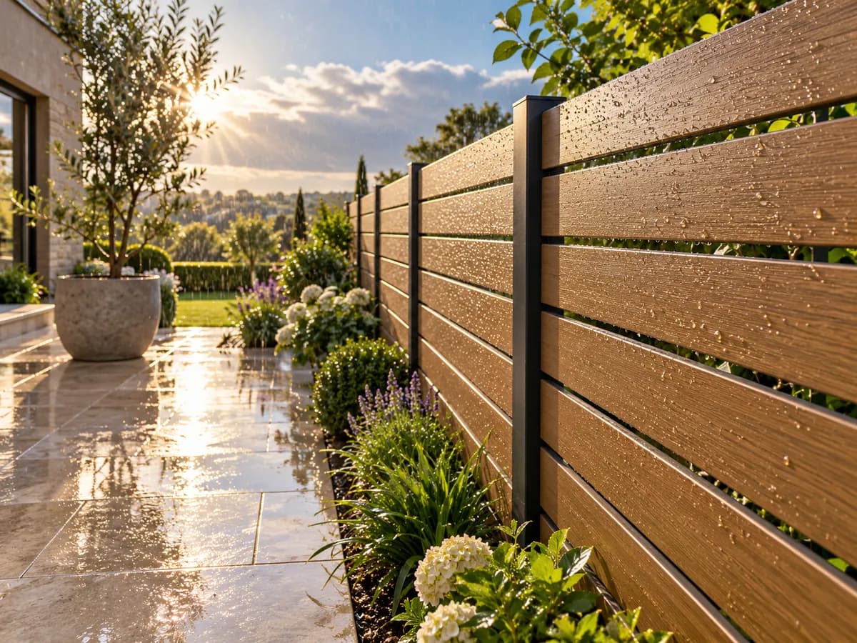 Raindrops on oak woodgrain aluminium fence slats in bright sunshine beside a wet stone terrace