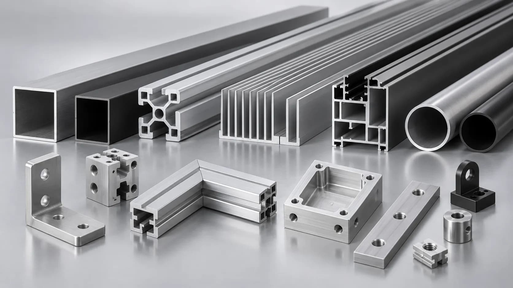 Long aluminium profiles behind a row of finished machined components cut from them