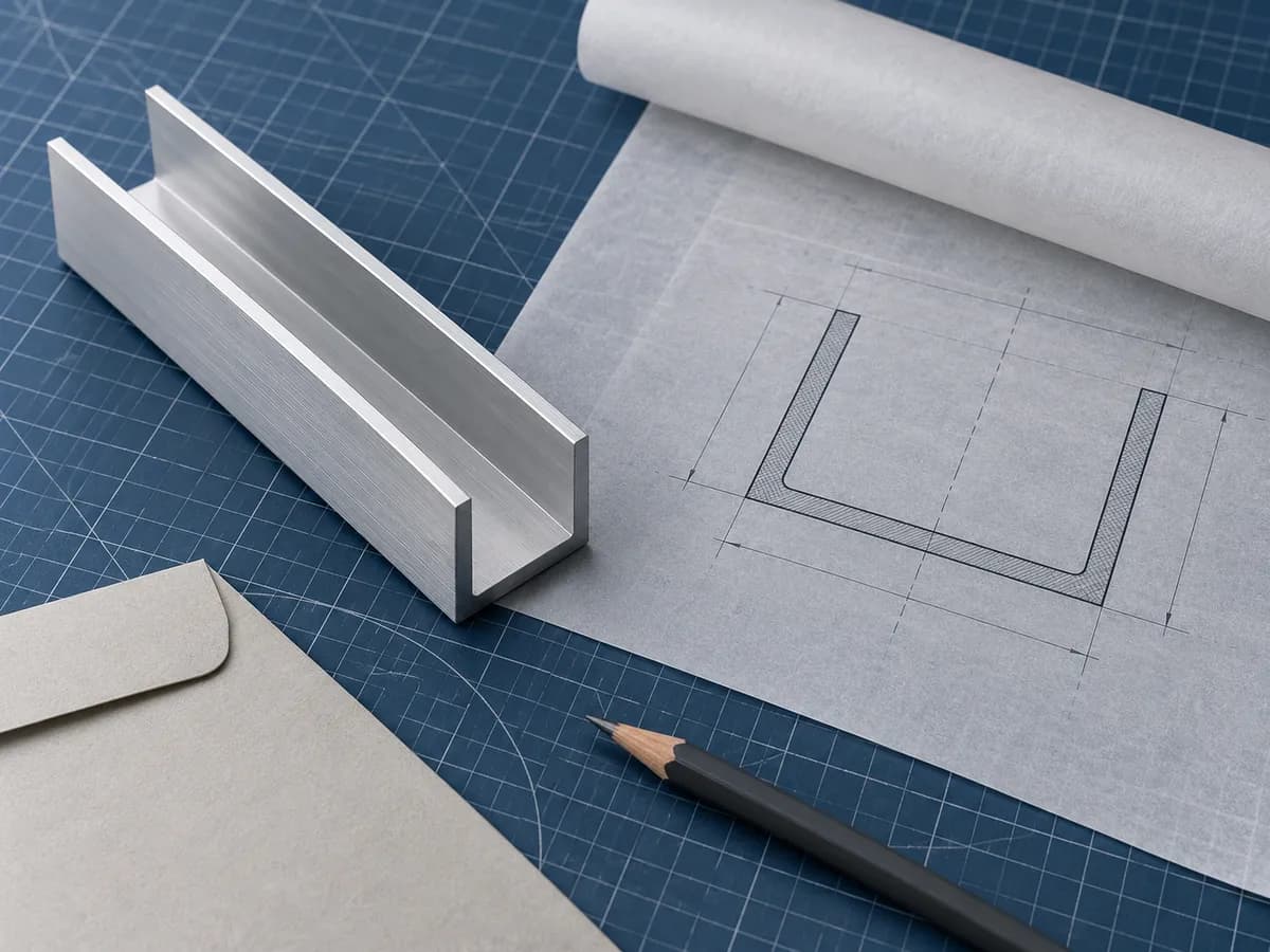 An aluminium U-channel lying next to its pencil drawing on a cutting mat