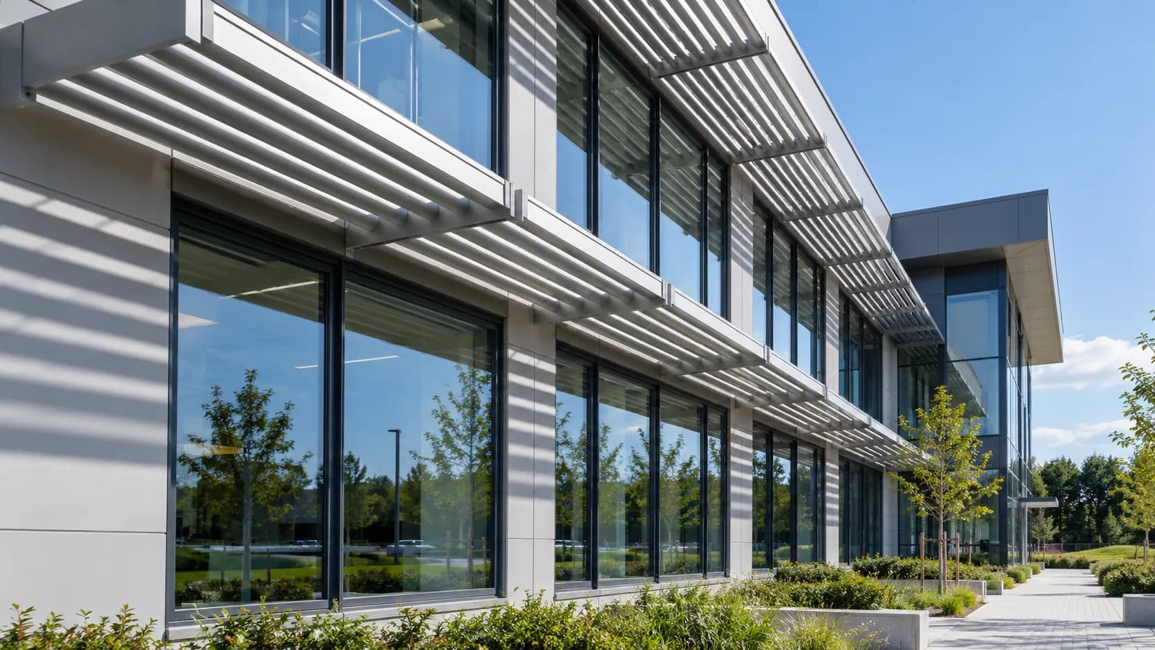 An office building with horizontal aluminium solar shading louvres