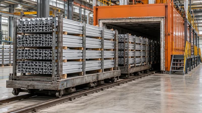 Racks of profiles entering an ageing oven