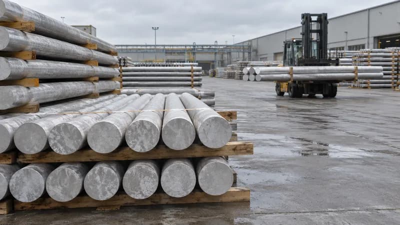 Stacks of aluminium billets in a yard