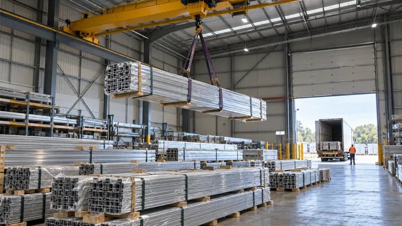 An overhead crane lifting a bundle of profiles