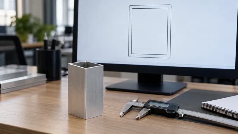 A profile sample and callipers beside a drawing on screen
