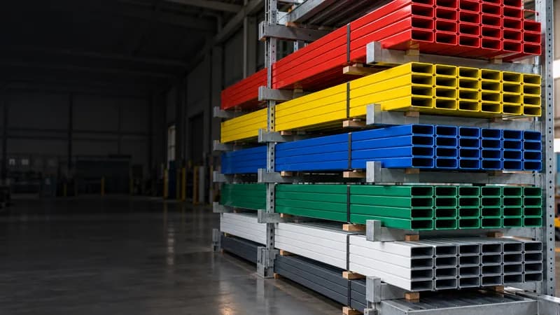 Bundles of profiles in red, yellow, blue, green and white on a rack