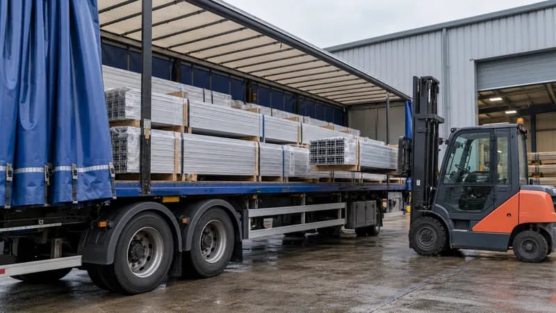 A forklift loading profile bundles onto a curtain-sided truck