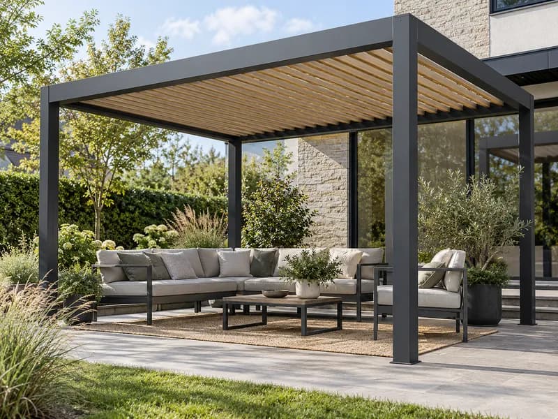 Anthracite pergola with light oak woodgrain roof louvres