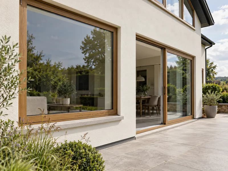 Oak woodgrain aluminium window and patio door frames