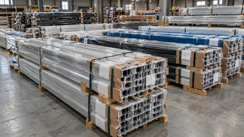 Wrapped and crated bundles of profiles in a warehouse