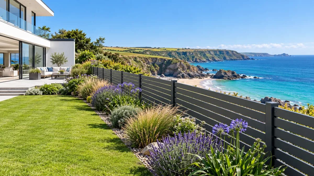 Anthracite slatted aluminium fence along the garden of a clifftop home above a sunlit sea