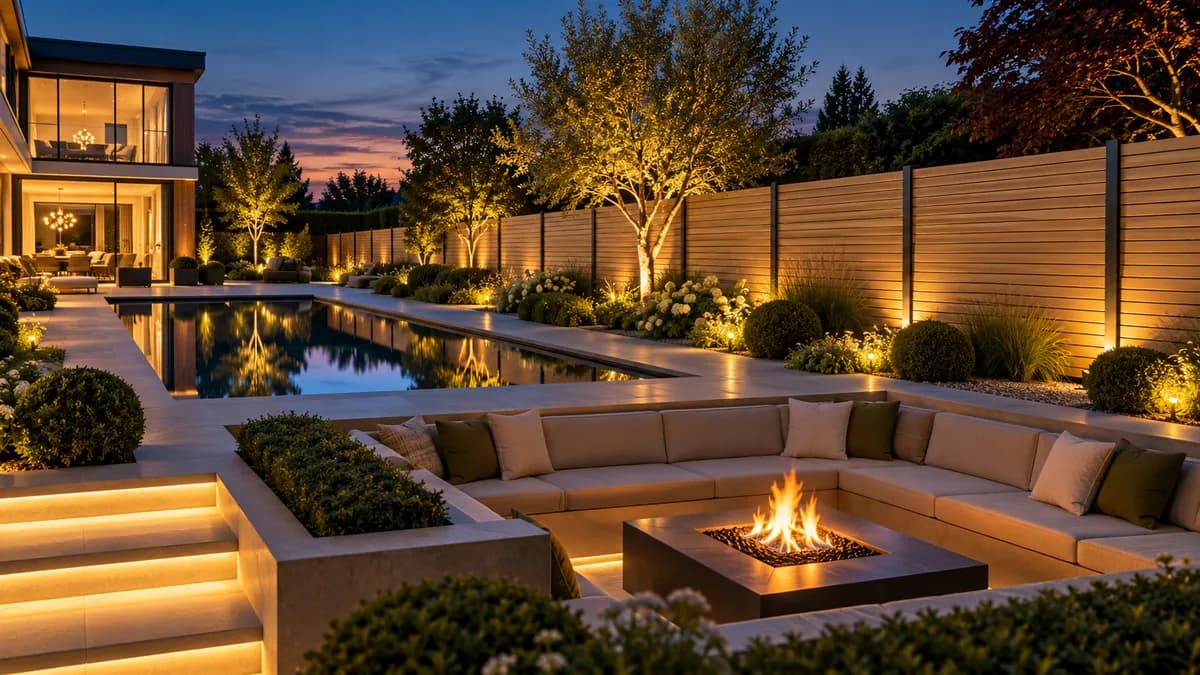 Light oak woodgrain aluminium fence lit along a landscaped garden at dusk