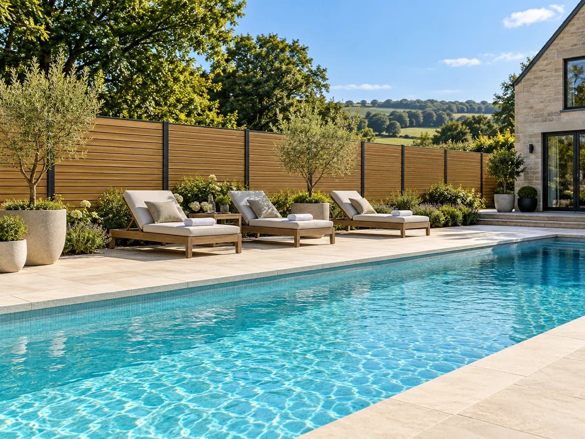 Oak woodgrain aluminium privacy fence behind sun loungers beside a garden pool