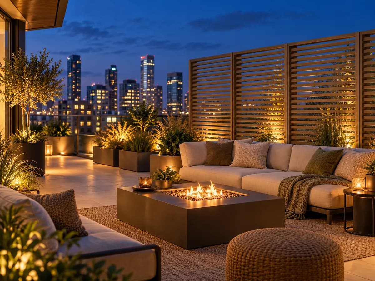 Bronze louvred aluminium privacy screens on a city roof terrace at dusk
