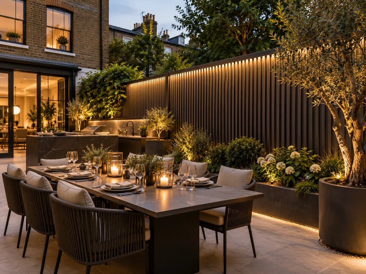 Vertical anthracite aluminium slat screen with soft lighting behind a garden dining table