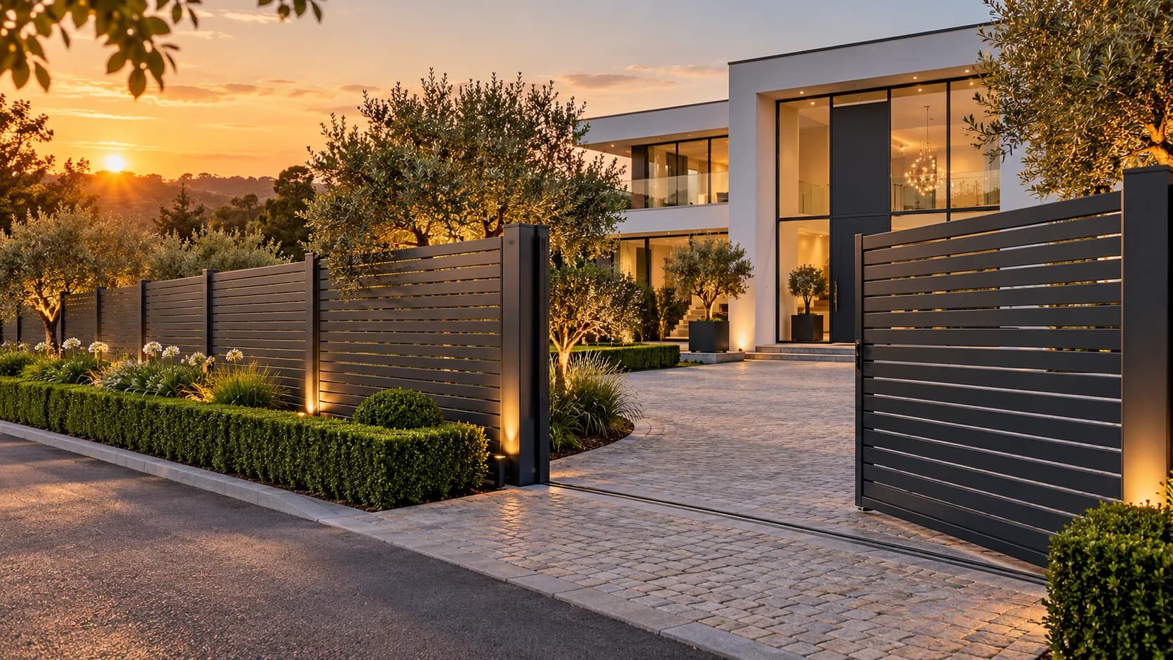 Anthracite aluminium slat fence and sliding driveway gate in front of a contemporary villa at sunset