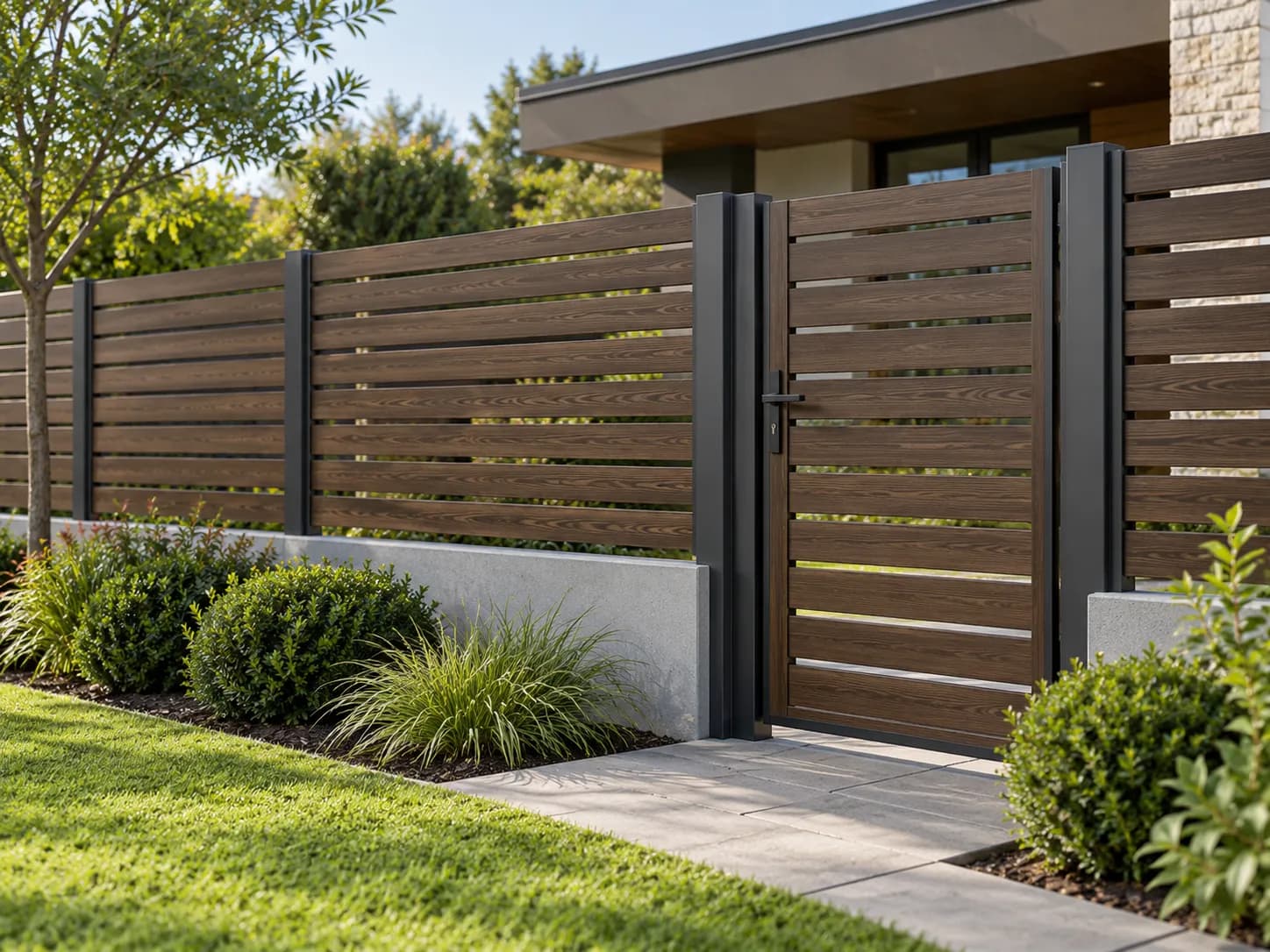 Walnut woodgrain aluminium slatted fence and gate with anthracite posts