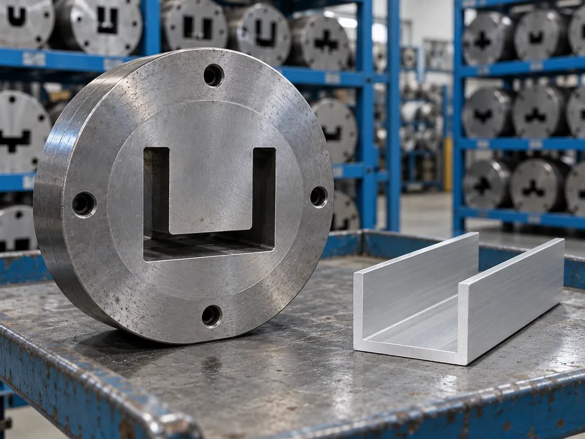 A U-shaped extrusion die beside a matching aluminium U-channel, with a die store behind