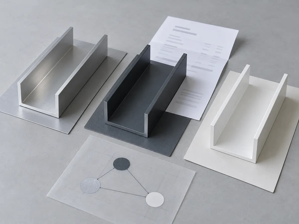 Mill finish, anthracite and white U-channel samples laid out beside a quotation