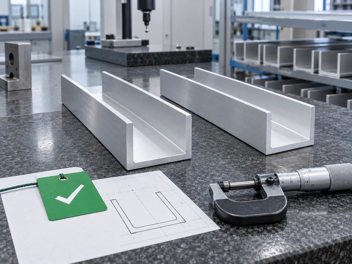 Aluminium U-channel samples on an inspection table with a micrometer and an approval tag