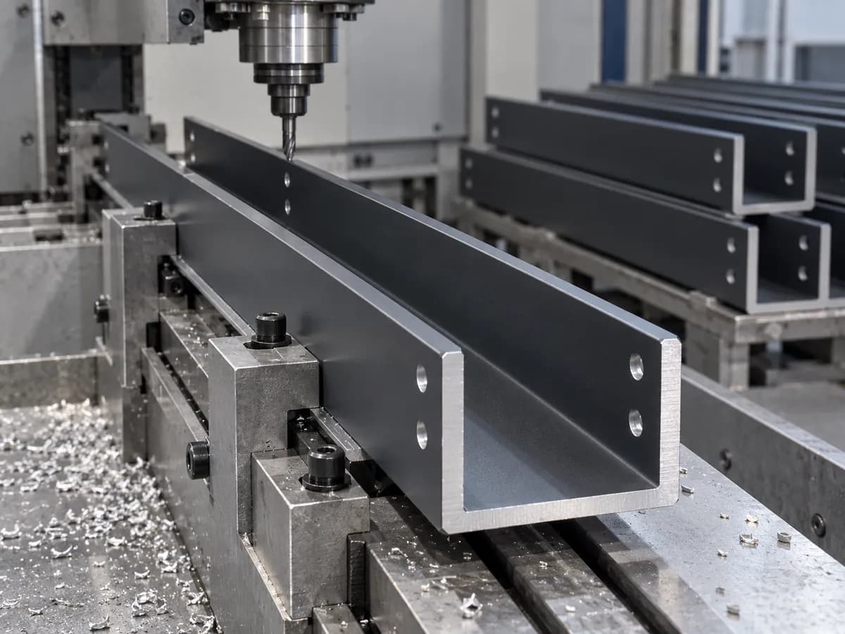 An anthracite powder coated U-channel being drilled on a CNC machine