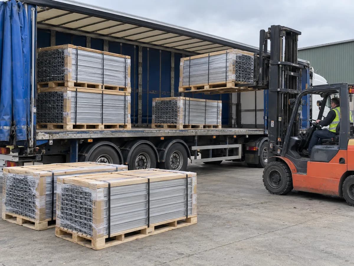 A forklift loading pallets of wrapped aluminium profiles onto a curtain-sided lorry